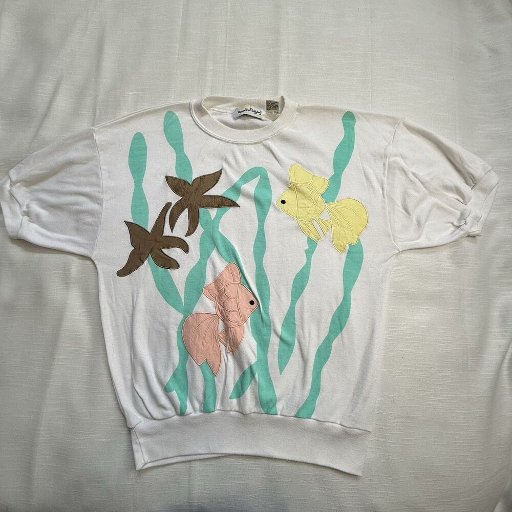 Vintage Diane Von Furstenberg Satin Fish Appliqué Pull On Tshirt Style Top Sz L